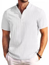 Jaxmeria Mens Cotton-linen Jacquard Solid-color Casual Loose-fit Short-sleeve Shirt